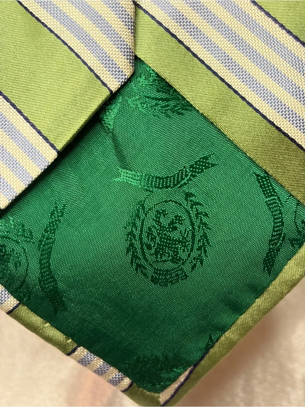 Tommy Hilfiger Green and Light Gray Striped Silk Scarf Tie Accent